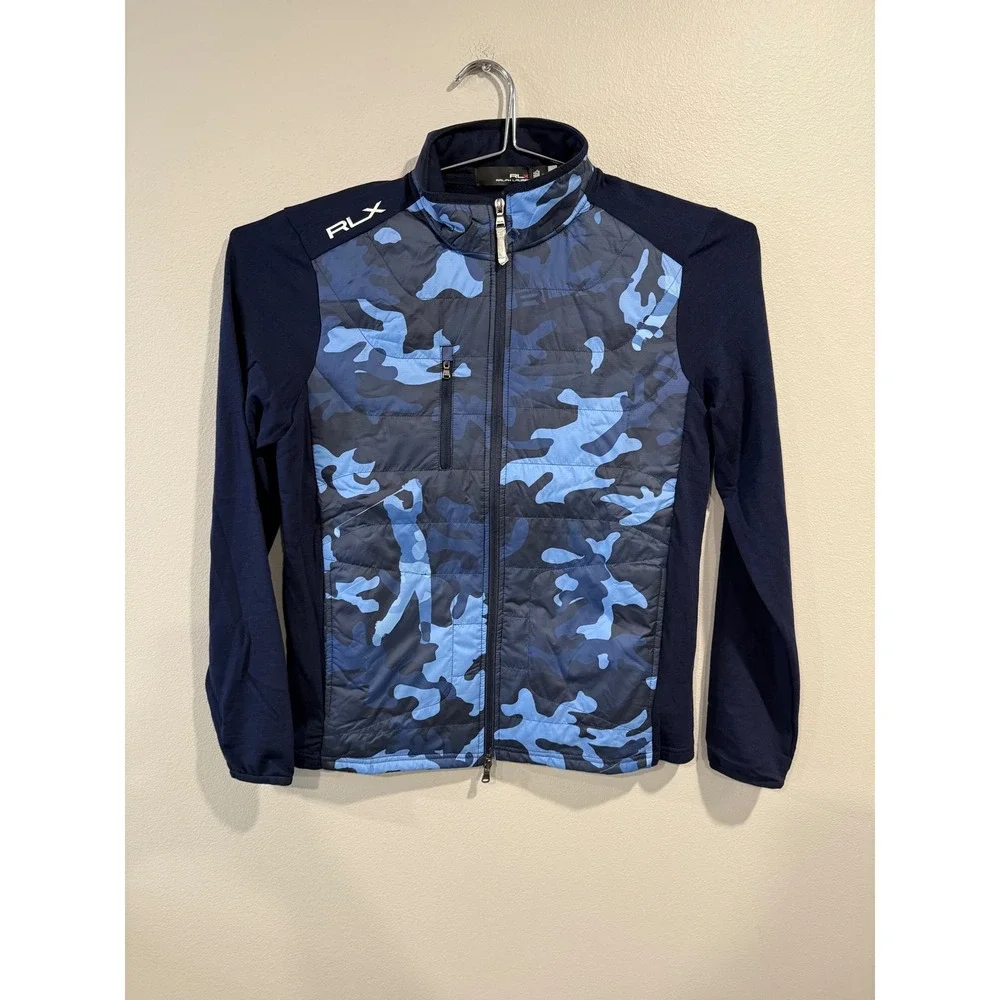RLX Ralph Lauren Mens Navy Camo Hybrid Golf Jacket Quilted Full Zip Mock Neck M